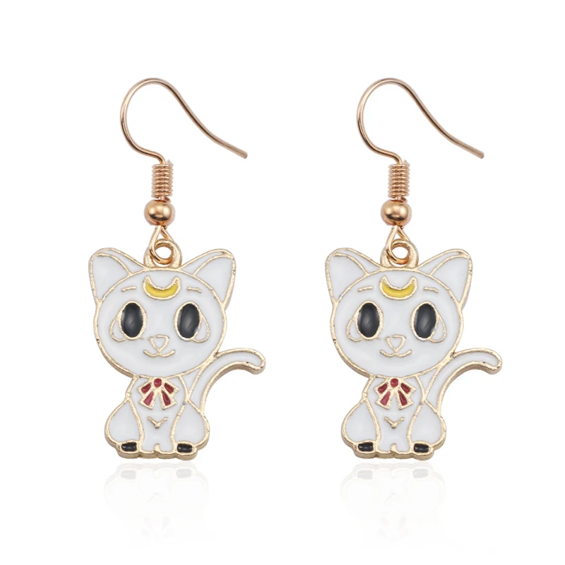 White Cat Женские серьги с животными из мультфильмов, милые золотые серьги с эмалью, Алиса, Бабочка, Русалка, пчела, лиса, кошка, висячие серьги для девочек, детские ювелирные изделия, подарки - Окраска металла: White Cat