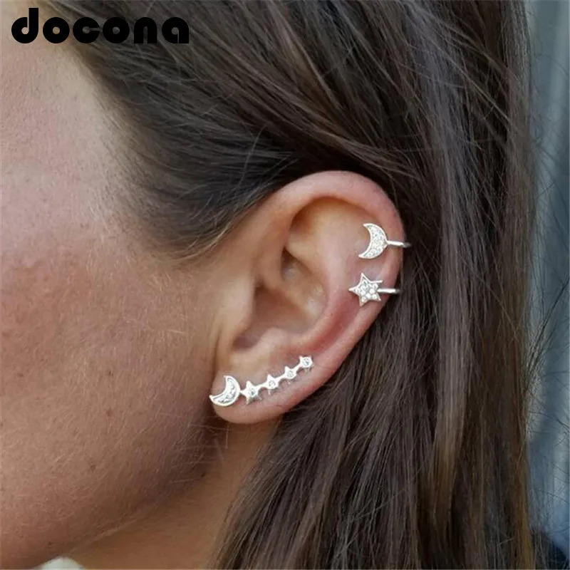 

Docona 2Style Fashion Boho Crystal Moon Climbing Stud Earrings Sets for Women Pendientes Piercing Earring Gold Brincos Femme