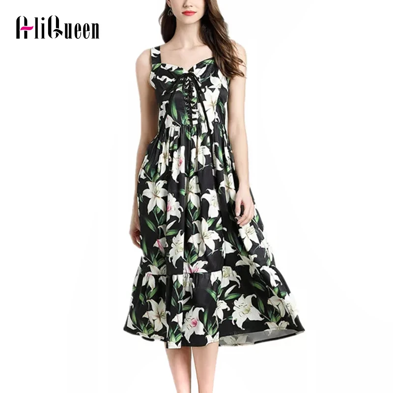 Женское пляжное платье подиумное Хлопковое на бретельках с цветочным принтом