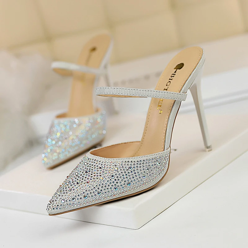 BIGTREE green sandals high heels summer shoes woman sexy rhinestone sandales femme 2019 stiletto shallow party sandalia feminina | Обувь