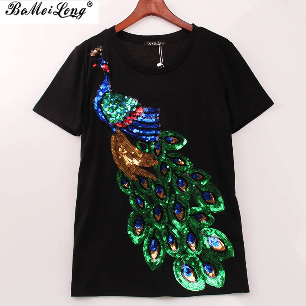 Женская футболка с блестками расшитая павлином новинка 2018|t-shirt women|fashion t shirt woment