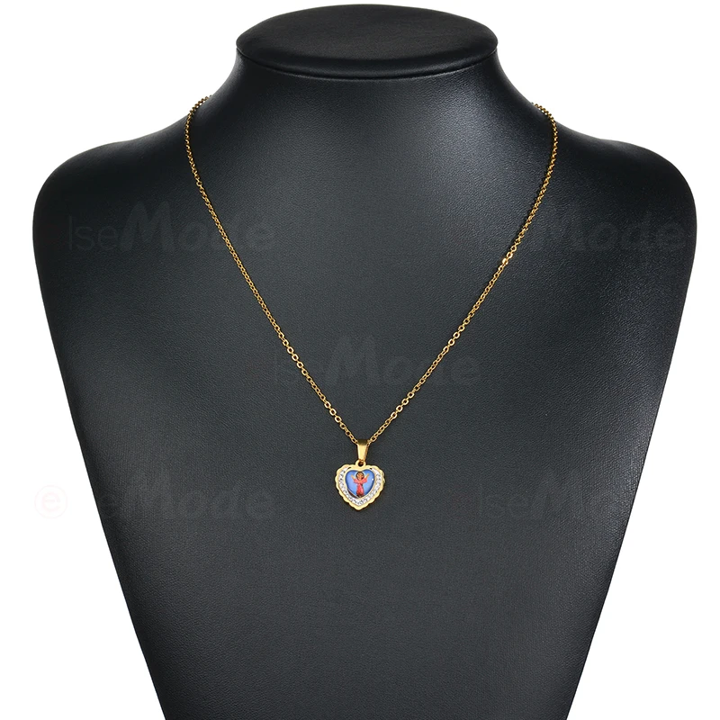 ELSEMODE Clear Crystal Baby Jesus Heart Pendant Necklaces Gold Titanium Stainless Steel Bling Necklace Catholic Jewelry | Украшения и