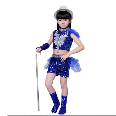 girl blue pants set Детская одежда с пайетками, комплект для детей, сценическое шоу, джазовый танец, блестящая подвеска одежда Кепка, жилет, брюки для мальчиков и девочек, сценическое платье - Цвет: girl blue pants set