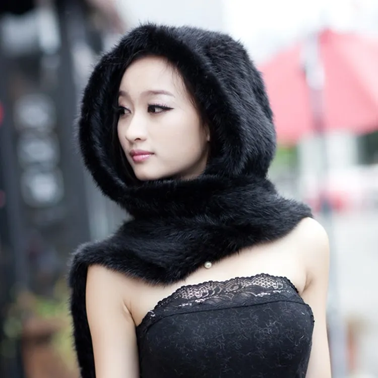 Winter mink fur hat scarf Women cap thermal knitted one piece warm Muffler for women | Аксессуары для одежды