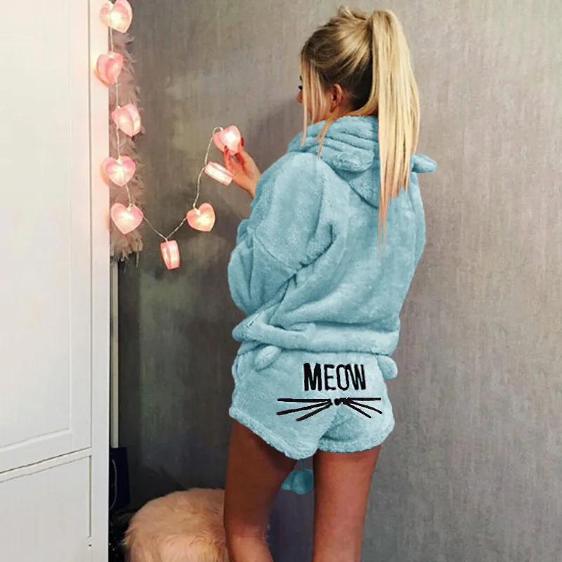 

Women's Pajama Sets Coral Fleece Suit Two-piece Autumn Winter Warm Pajamas Cat Animal Sleepwear Shorts Suit Homewear MSK66