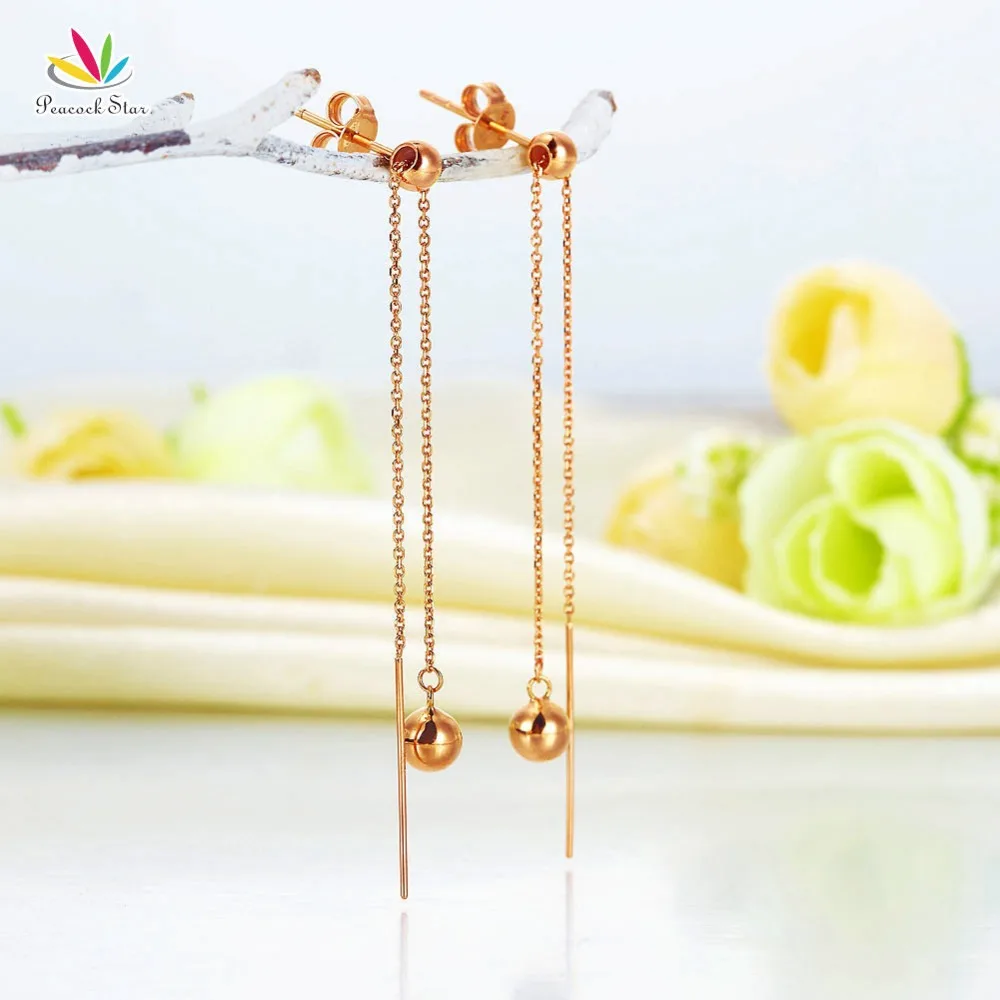 Real Solid 18K Rose Gold Long Line Earrings Drop Dangle Ball 2 -Way of Wearing Simple Elegant | Украшения и аксессуары