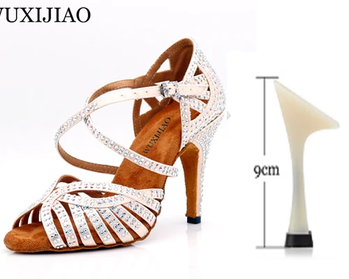 apricot heel 9cm WUXIJIAO Танцевальная обувь джаз обувь для латинских танцев для женщин сальса латинские туфли для девочек бальные туфли для латинских танцев черная бронзовая кожа Curban Heel - Цвет: apricot heel 9cm