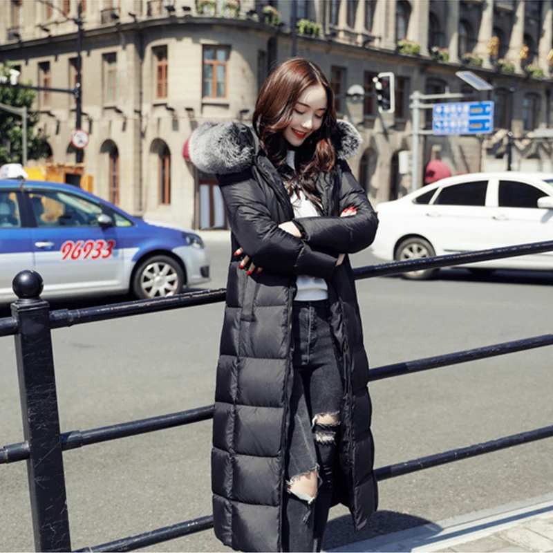 30 Degree Women Winter Coat Snow Wear Large Fur Collar Super Long Down Parkas White Duck Down Thick Warm Female Outwear Coat