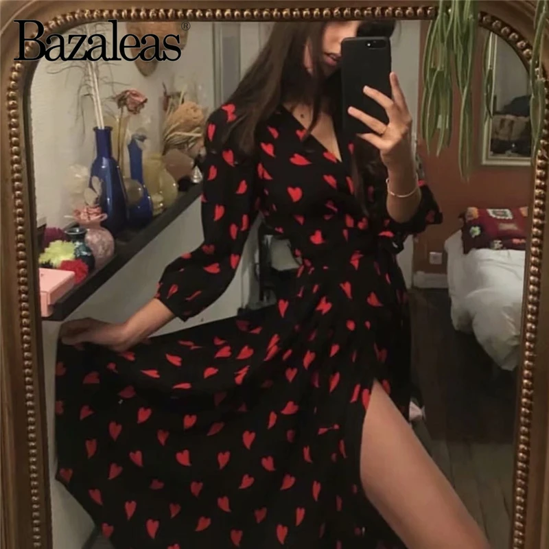 Платье Bazaleas 2020 с запахом и принтом сердечек винтажные черные женские платья V