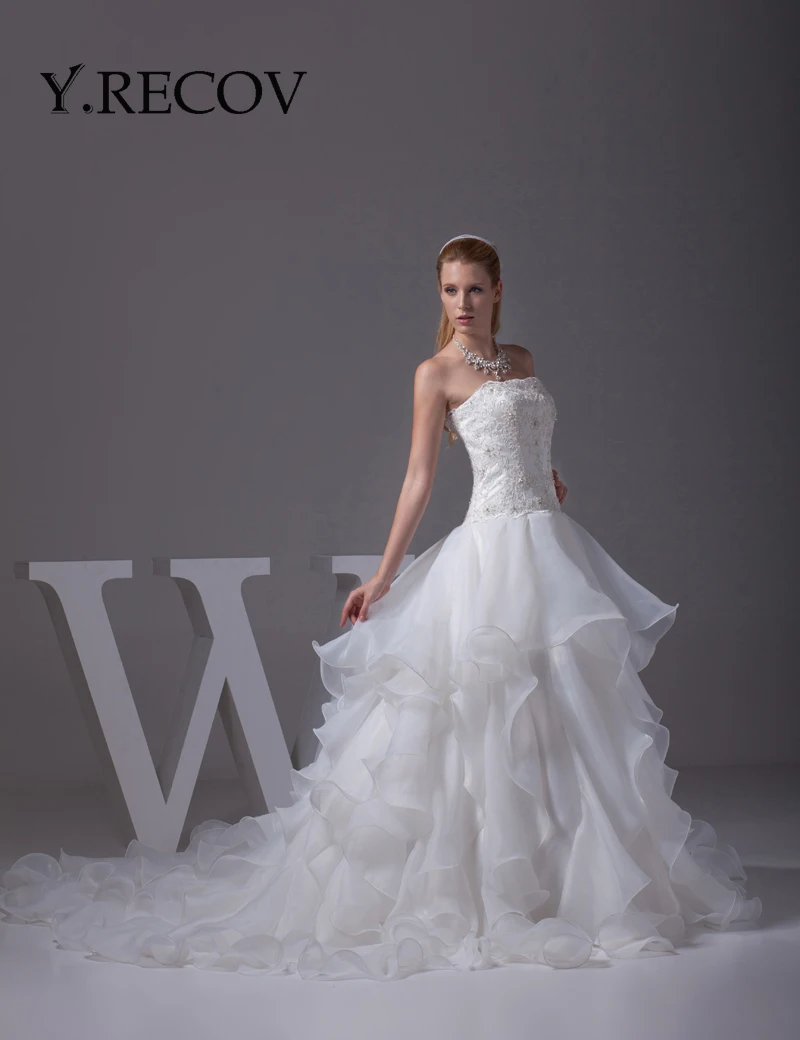 Африканский Свадебные Платья YD2100 Линии Без Бретелек Органзы Оборками Принцесса