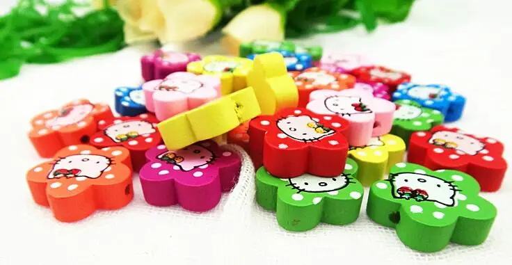 500 шт./лот 19 мм милые деревянные бусины в форме цветка hello kitty Cat для изготовления ювелирных изделий своими руками деревянные бусины детские ювелирные изделия