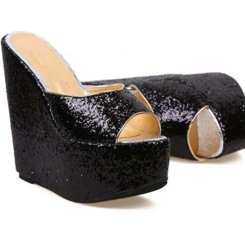 Сандалии женские на высоком каблуке 16 см с блестками и открытым носком - купить по