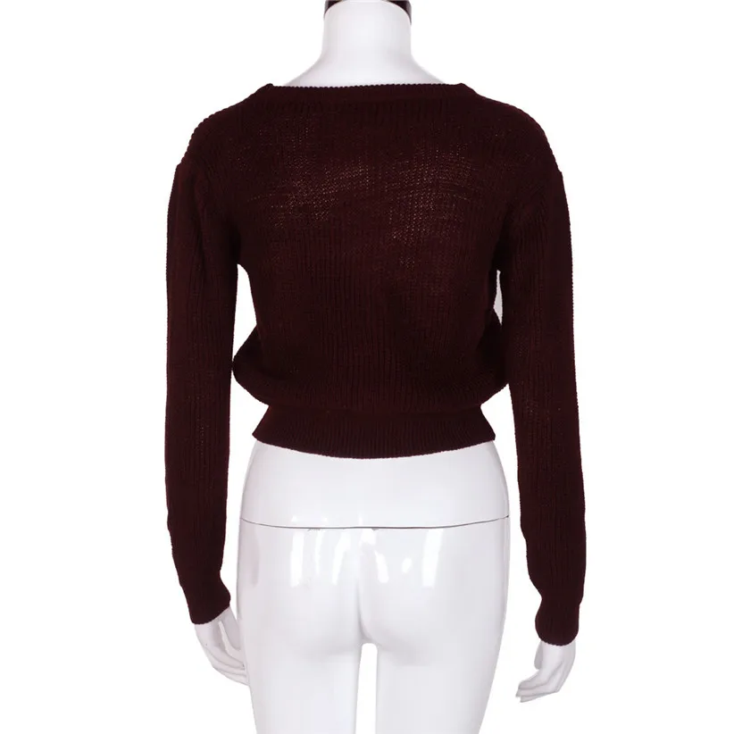 Newly Design Women Casual Autumn Knit Short Sweater Burgundy Long Sleeve Loose Crop Top Pullover Drop Shipping #0720 | Женская одежда