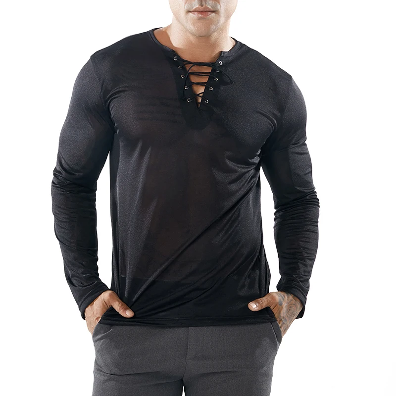 

Men Solid Color T Shirt Men's Fashion Tshirt Long Sleeves Mesh Men's Sexy V-neck Stripe Fold Slim Fit Casual Man Tee Shirt