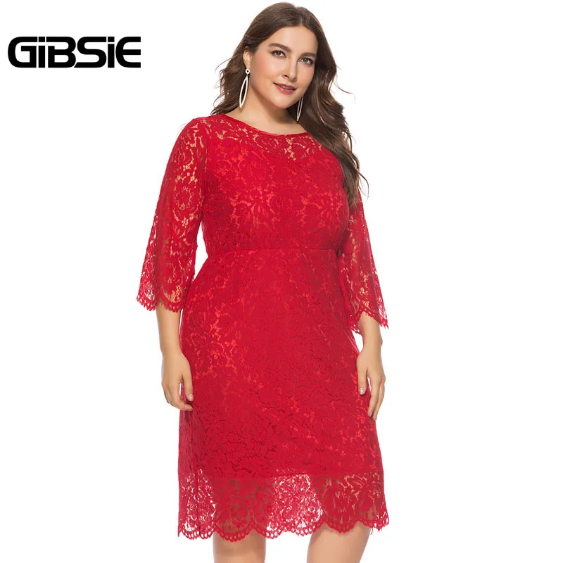 GIBSIE 6XL Для женщин элегантные кружевные вечерние платье Повседневное туника с рукавом три четверти Длина рукавами трапециевидной формы миди платье размера плюс Женская одежда