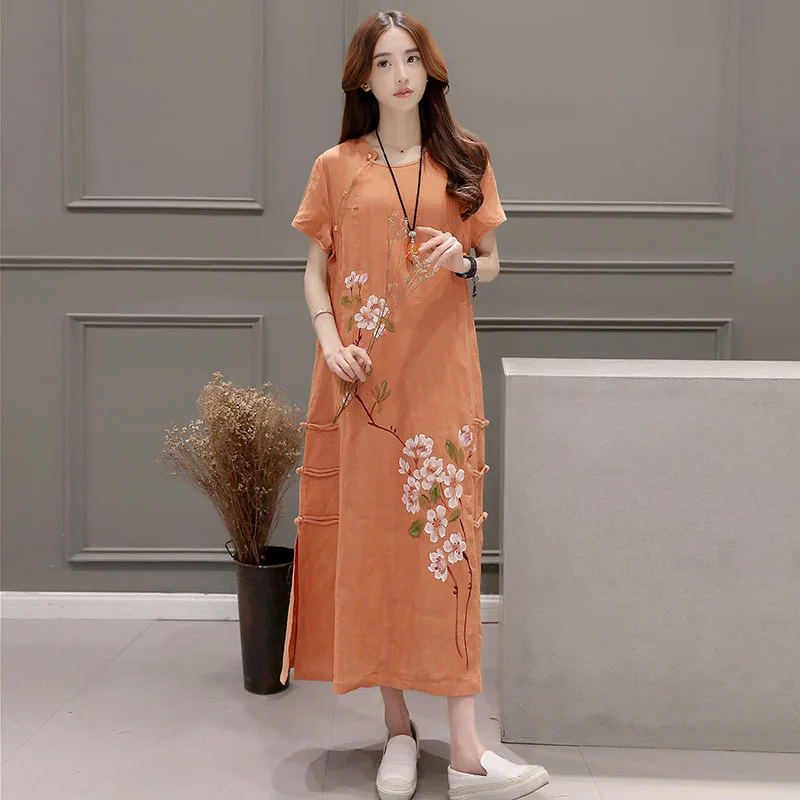 Платье женское из хлопка и льна с принтом повседневное льняное свободное