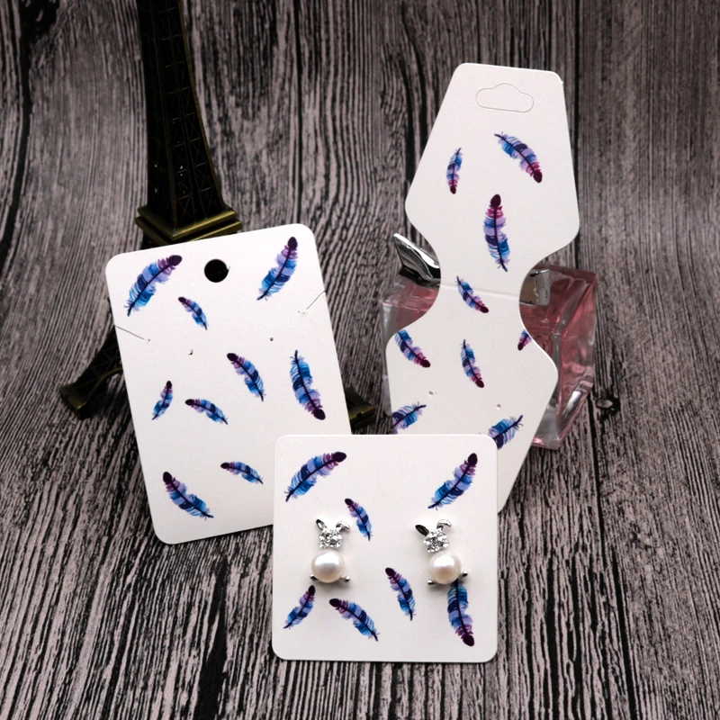 

100pcs Handmade Tag royal blue feather printed Necklace & Earring display cards For Earring Jewelry Packaging Vintage Accessory