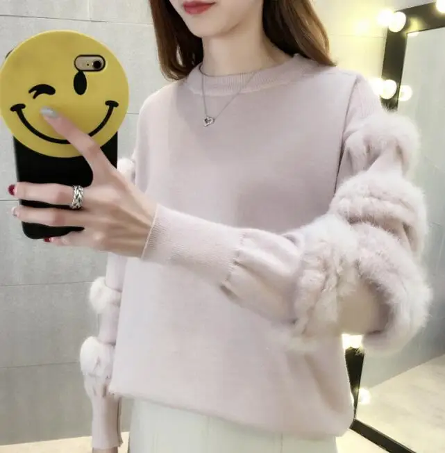 W002123 pink Новинка, весна-осень, вязаный пуловер, свитер для женщин, длинный рукав, с мехом, женские свитера, вязаные топы, повседневная одежда в Корейском стиле - Цвет: W002123 pink