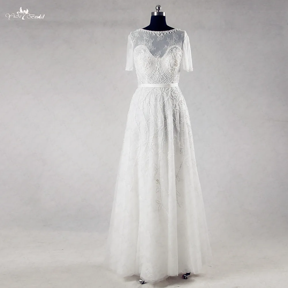 Свадебное кружевное пляжное платье RSW980 в богемном стиле с коротким рукавом|lace beach