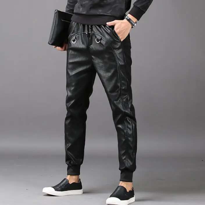 Black personality fashion leather pants mens feet trousers pantalones hombre cargo slim harem pants for men pantalon homme korea