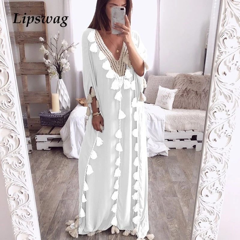Женское платье с кисточками Lipswag длинное пляжное коротким рукавом треугольным