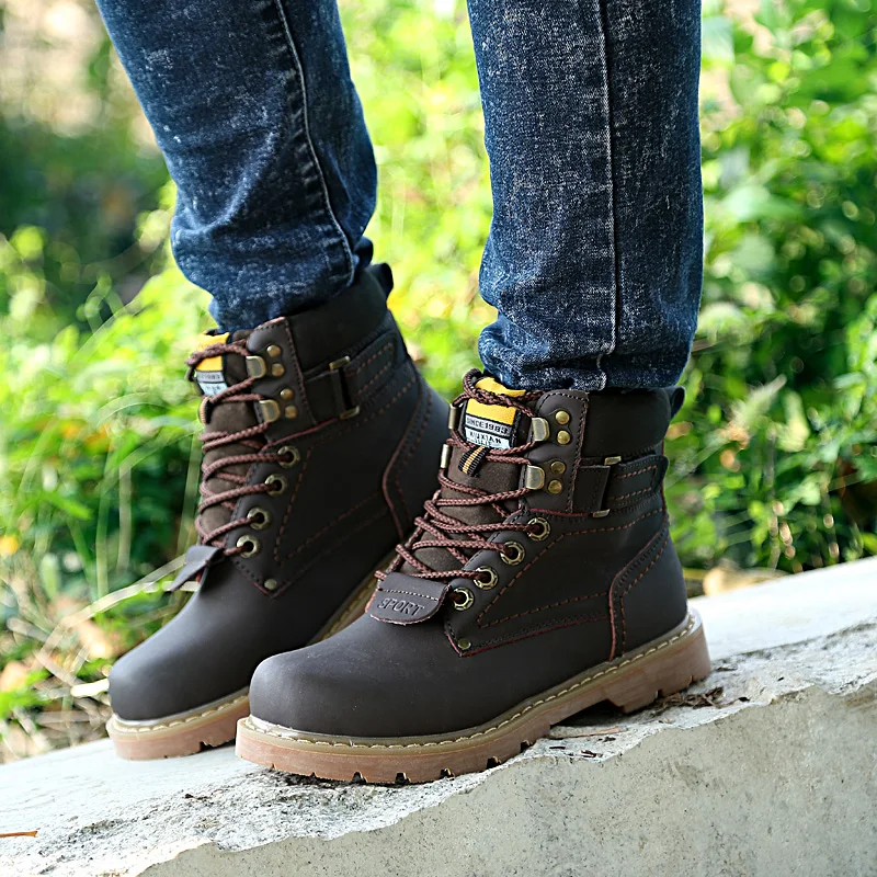 Мужские ботинки высококачественные теплые зимние на меху Рабочая кожаная обувь