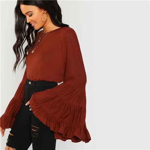 SHEIN, ржавчина, рабочая одежда, элегантная, Многоуровневая, с воланом, с рукавом колокол, с рюшами, с длинным рукавом, однотонная блузка, осень, минималистичные Женские топы и блузки - Цвет: Rust
