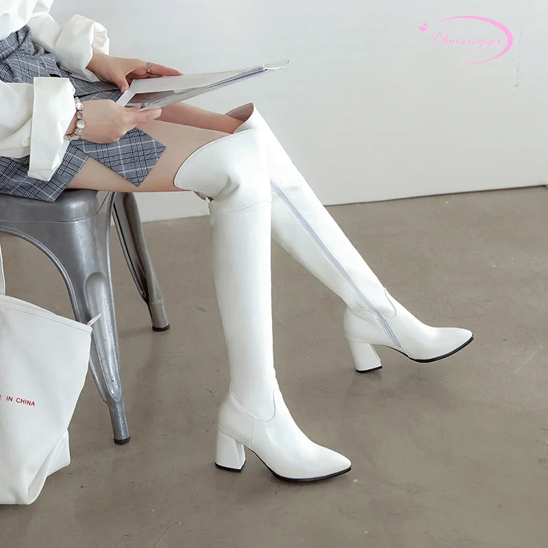 Уличный стиль круглый носок сапоги-ботфорты Модные высокие сапоги Модная обувь