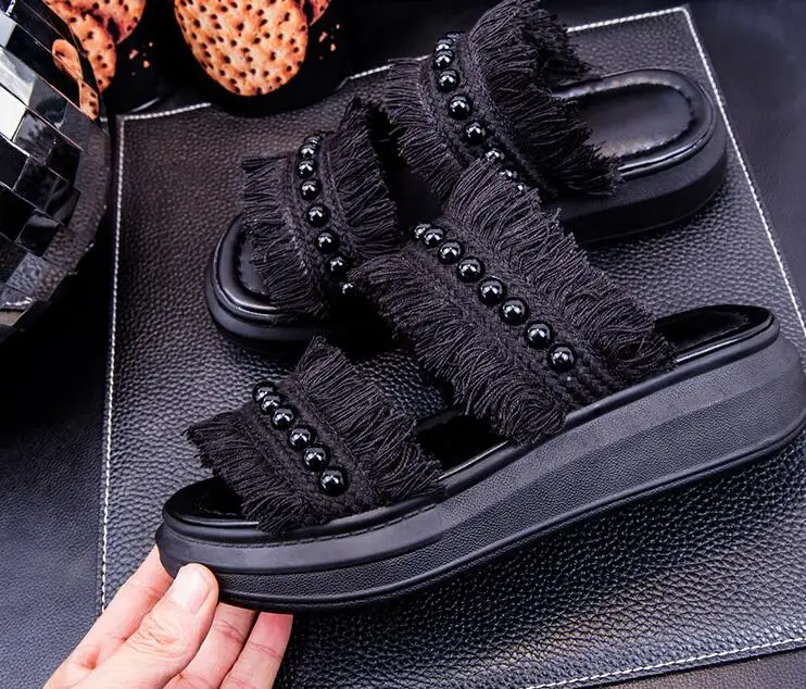 Женщина Мода Тапочки 2017 Кисточкой Сандалии Белый Жемчуг Бисером Платформы Летом