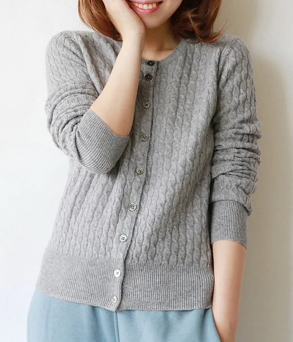 Серый YUNSHUCLOSET зимний женский вязаный кашемировый шерстяной кардиган с круглым вырезом однотонная одежда кардиган - Цвет: Серый