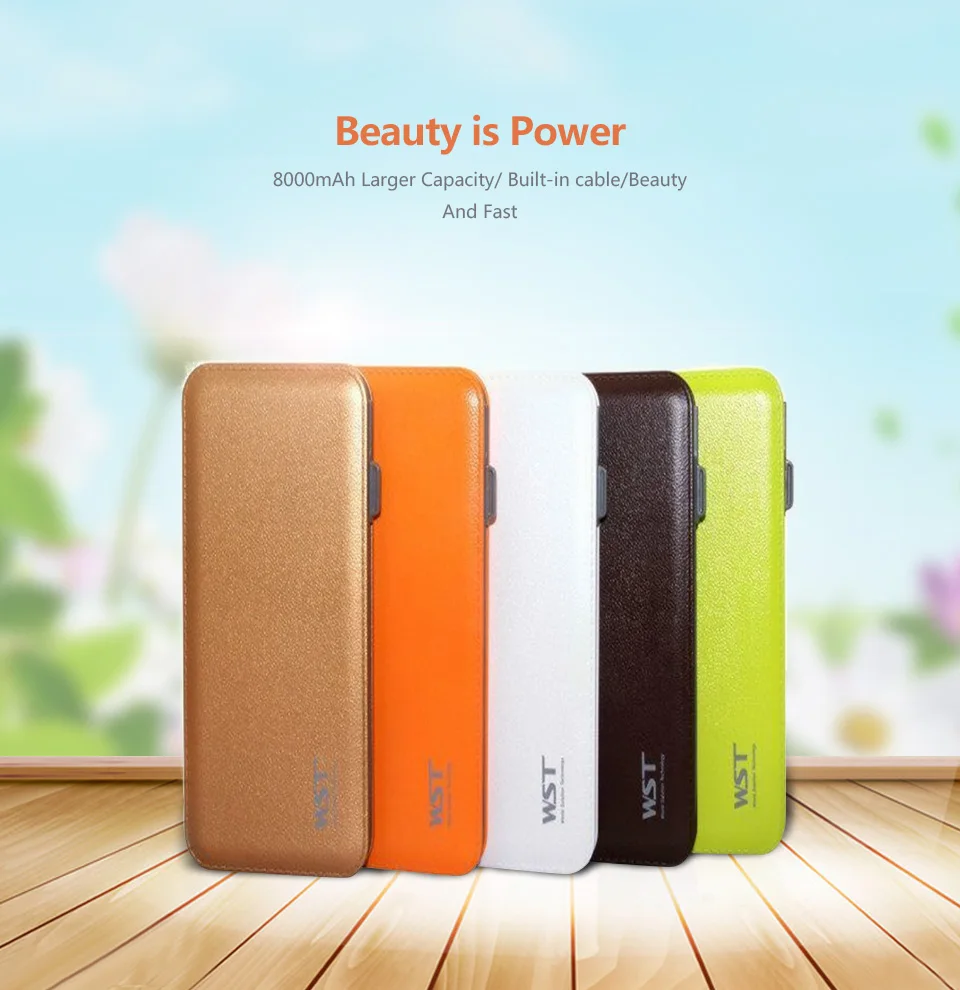 WST Быстрая зарядка PowerBank 8000 мАч ультра тонкий внешний портативный аккумулятор со встроенным кабелем для IOS Android Caricatore Portatile