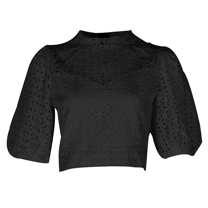 black TWOTWINSTYLE винтажная открытая женская блузка со стоячим рукавом средней длины, однотонная Свободная рубашка, Женская Летняя мода, новая одежда - Цвет: black