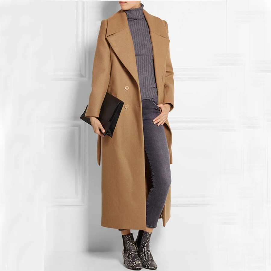 

Must Have Fashion Ultra Long Double Breasted Women Woolen Jacket, Extra Long Camel Trending Wool Coat