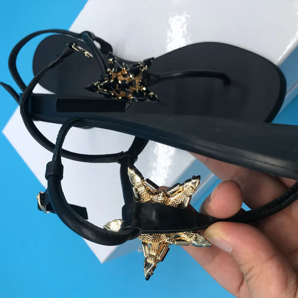 Women Sandals Black Star Rhinestones Design Beach Strappy Sandals G039 Cow Leather Flats