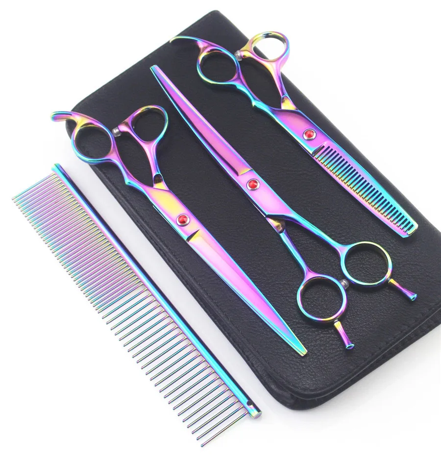 3 scissors add comb 7,0 дюймов профессиональные ножницы для домашних животных для ухода за собакой высококачественные прямые и истончающие и изогнутые ножницы - Цвет: 3 scissors add comb