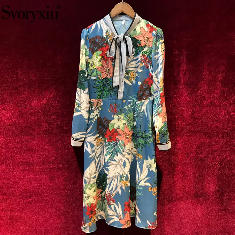 Svoryxiu Autumn Winter Runway Floral Print Dress Women's Elegant Long Sleeve luxury Beading Vintage Knee Length Dresses Female