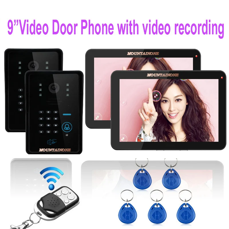 

New Arrival home security intercom system 2X9"display screen with TF Card slot+2X1000TVL OutdoorCamera with FRID Panel in stock