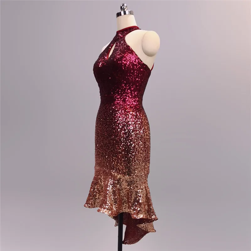 Красное градиентное платье без рукавов с блестками на бретельках открытая спина