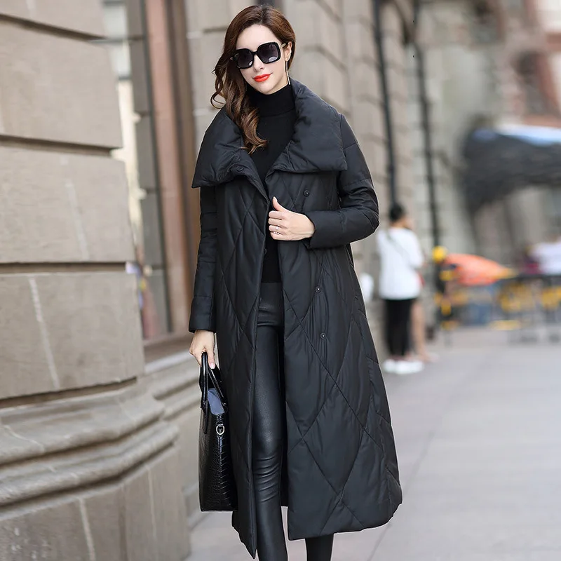 

Зимнее кожаное пальто M-3XL, Повседневная Длинная куртка из овчины, женская теплая верхняя одежда, облегающие парки, женские топы, модные паль...