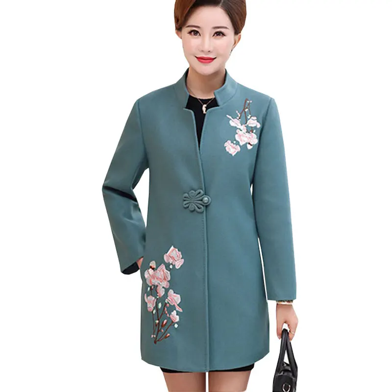 Зимние Для женщин Большие размеры шерстяное пальто Новые вышитые мамочки