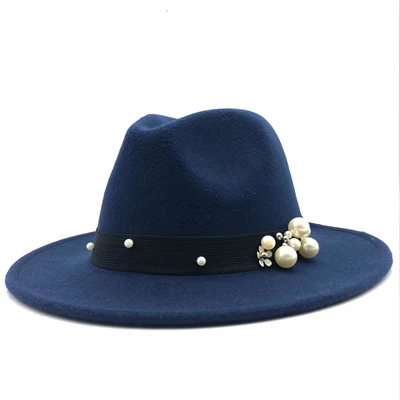 Navy Шерстяная шляпа Fedora Хокинс фетровая шляпка широкими полями дамы Chapeu Feminino шляпа Для женщин жемчуг Джаз церкви Крестный отец шляпы сомбреро - Цвет: Navy