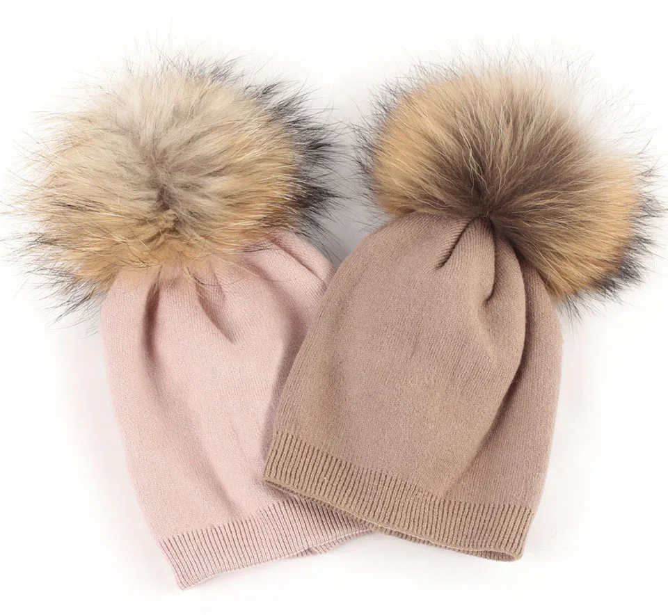 Детская шапочка, Осенняя шерстяная шапка Skullies, шапочки с помпоном из меха енота для новорожденных мальчиков и девочек, громоздкая зимняя шапка с помпоном из натурального меха