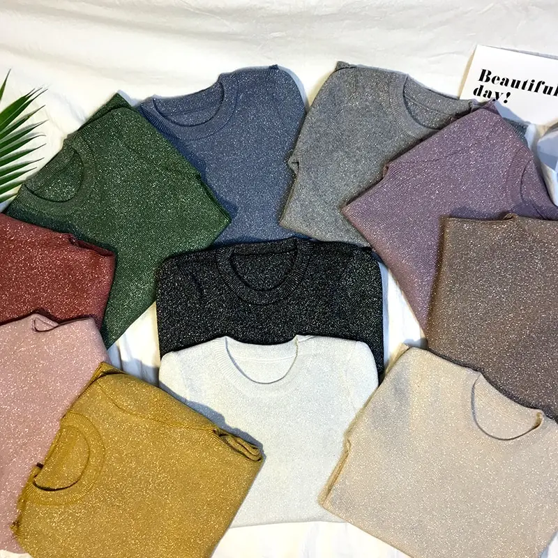 Весенний Повседневный Блестящий шикарный свитер с круглым вырезом женские