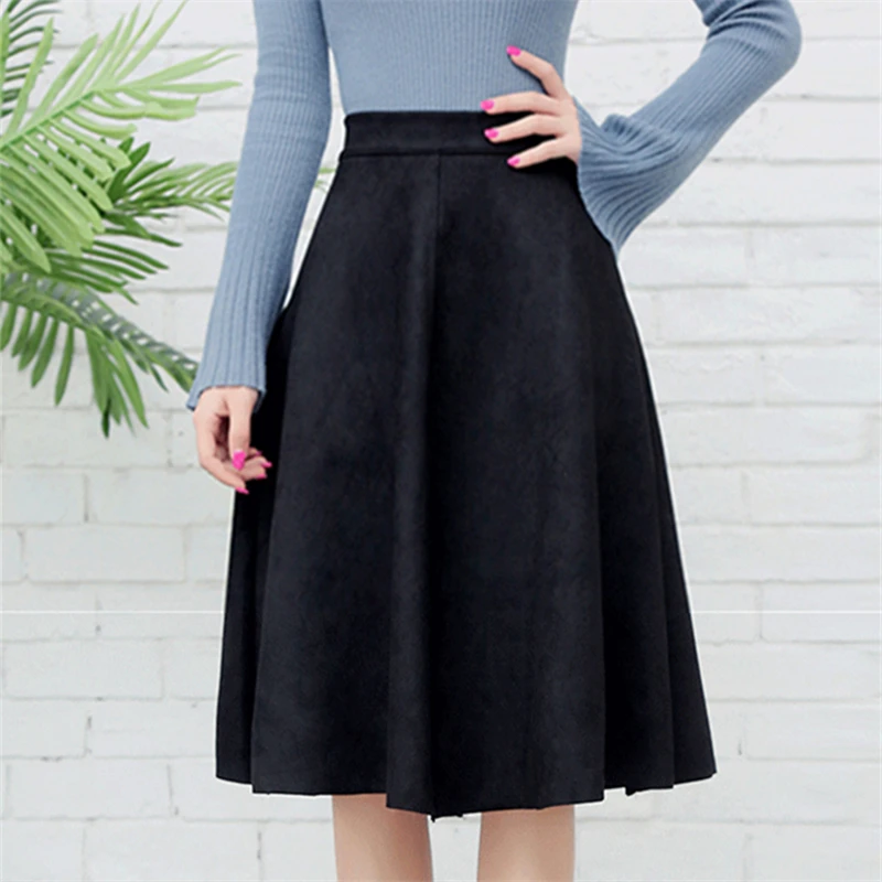 Neophil Women Suede High Waist Midi Skirt 2022 Winter Vintage Style Elastic Ladies A-Line Black Green Flare Fashion Skirt  S29A4