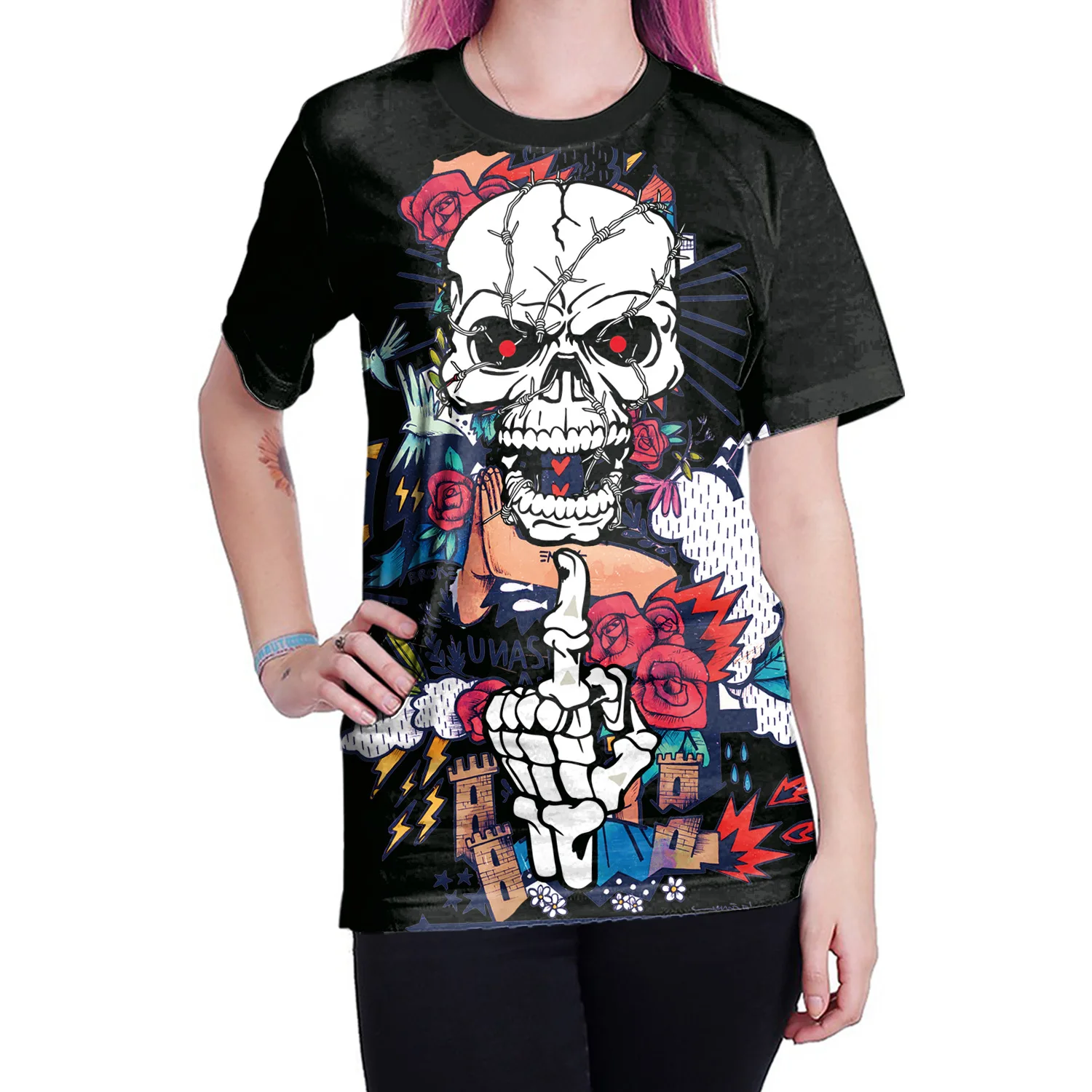 

2019 Summer European and American 3D Punk Skull Print T-shirt Tide Brand Short-Sleeved Women's TShirt Cotton Short Sleeve B Tees