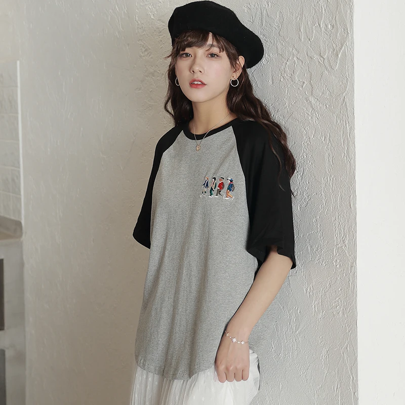 

Harajuku Kawaii Loose T Shirt Women Summer Character Embroidery Funny Graphic Tshirt Japanese Patchwork Short Sleeve Tees Tops