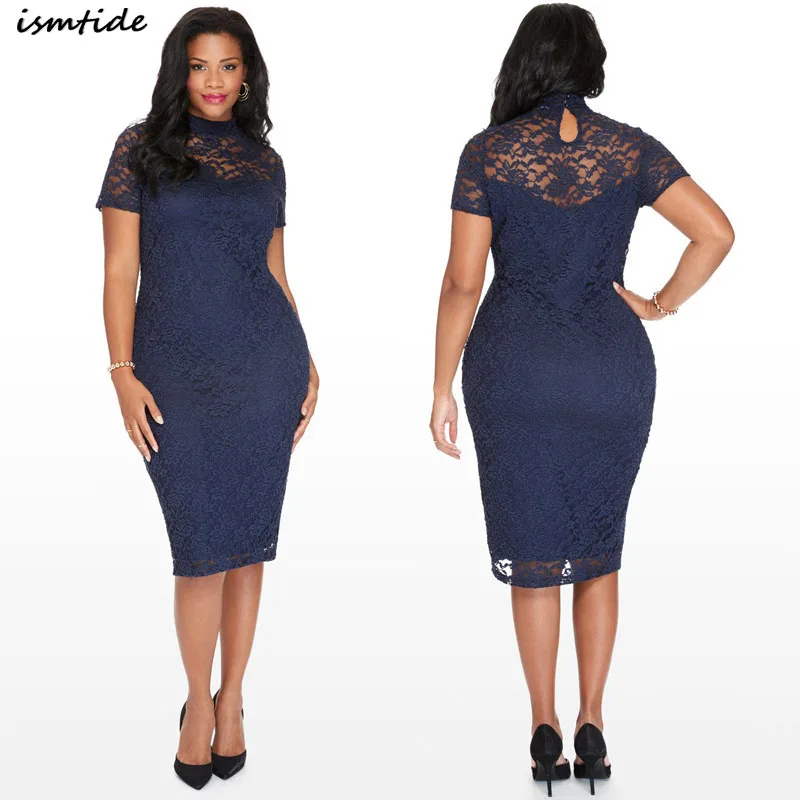 Плюс Размер 6XL кружевное платье для вечеринки с воротником-стойкой темно-синее