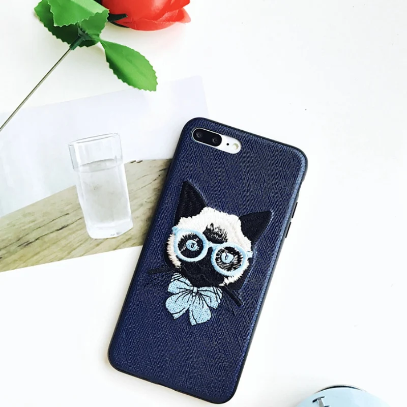 free shipping New 3D Embroidery Cute Cat Animal Pattern Case for iPhone 7 Plus TPU+PC Back Cover |