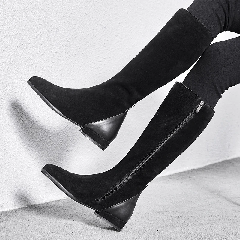 

ISNOM Cow Suede Thick High Heels Women Boots Round Toe Zip Footwear Knee High Female Boot Shoes Woman 2018 Winter Plus Size 43