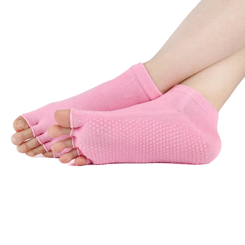 Light Pink Женские носки для йоги с половинным носком, Нескользящие, с открытым носком, Пилатес, фиксация лодыжки, для фитнеса, прочные, открытые, с пятью пальцами, хлопковые носки для йоги, для спортзала - Цвет: Light Pink